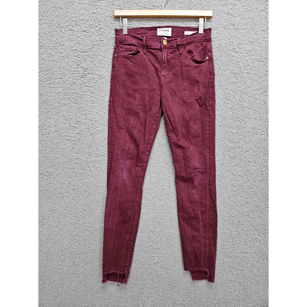 Frame Le Skinny de Jeanne Jeans 27 Pinot Burgundy Raw Step Hem Maroon